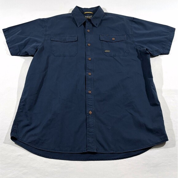 Ariat Mens Navy Rebar Washed Twill S/S Button Cotton Work Shirt Pocket Sz XL - Picture 1 of 14